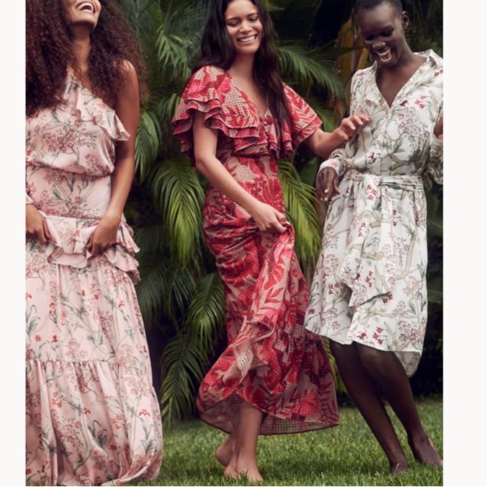 Johanna Ortiz x HM red pink tan floral tropical eyelet dress size Medium.